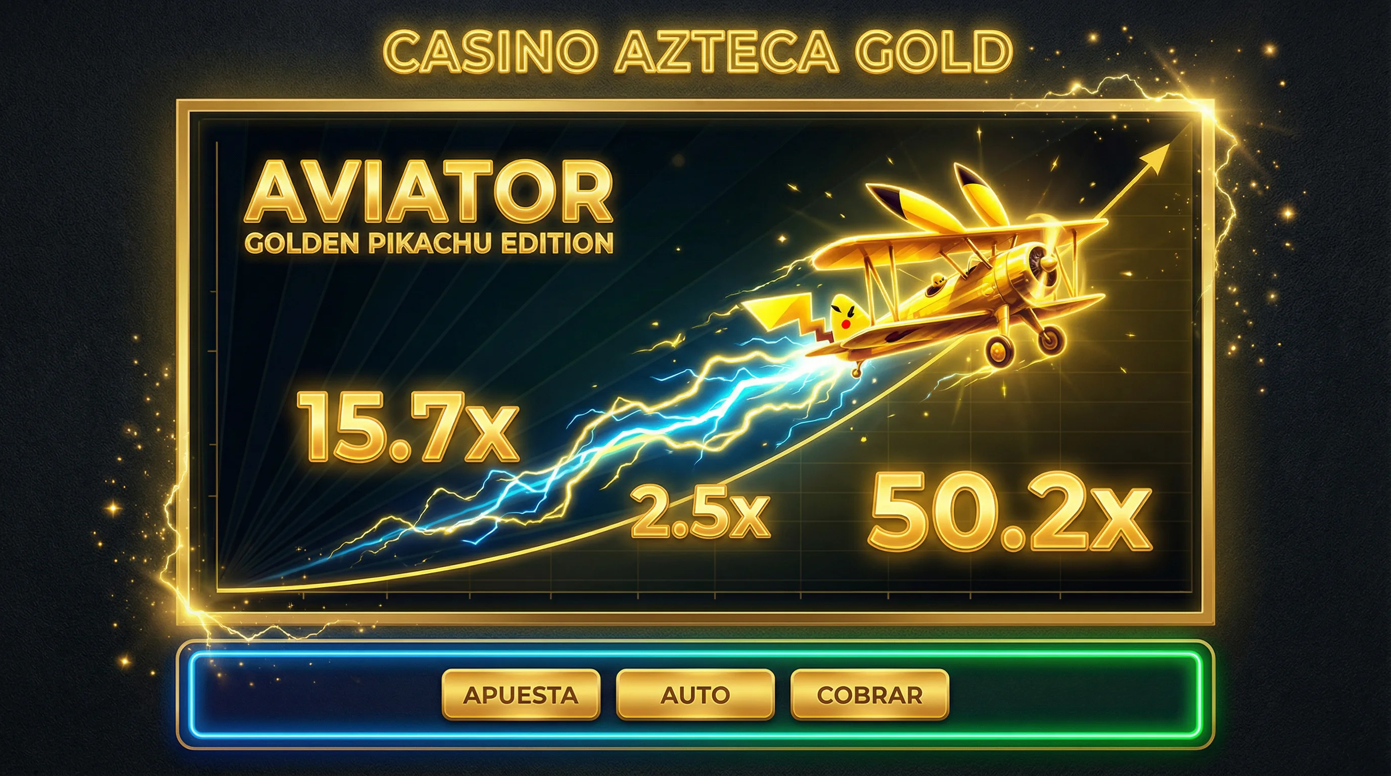 Juego Aviator con avión dorado estilo Pikachu y multiplicadores en casino mexicano