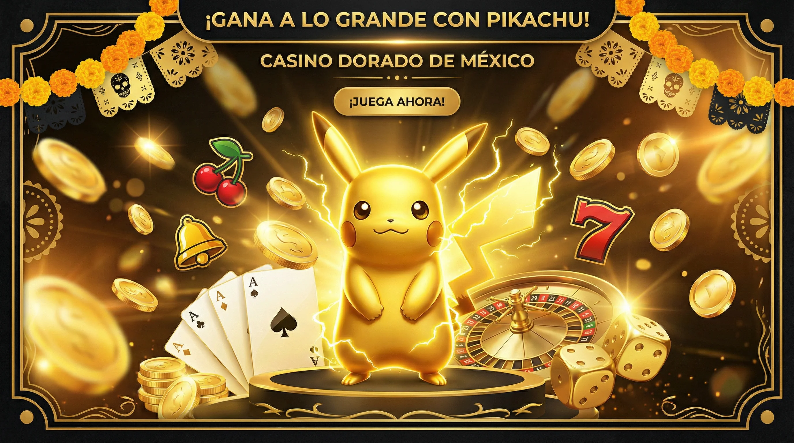 Banner principal de Resultado del Melate con Pikachu dorado y elementos de casino mexicano