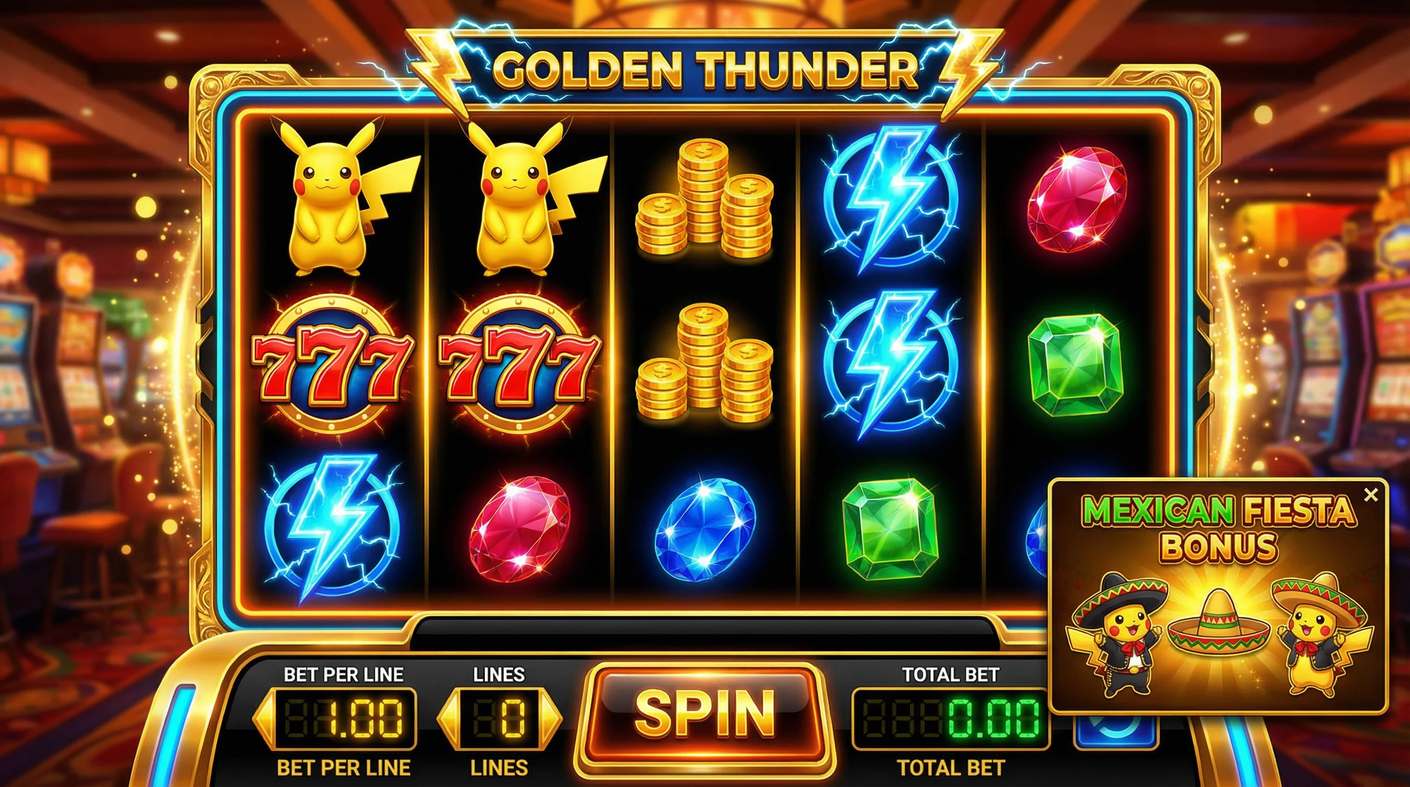 Tragamonedas Golden Thunder con tema de Pikachu dorado y símbolos de casino